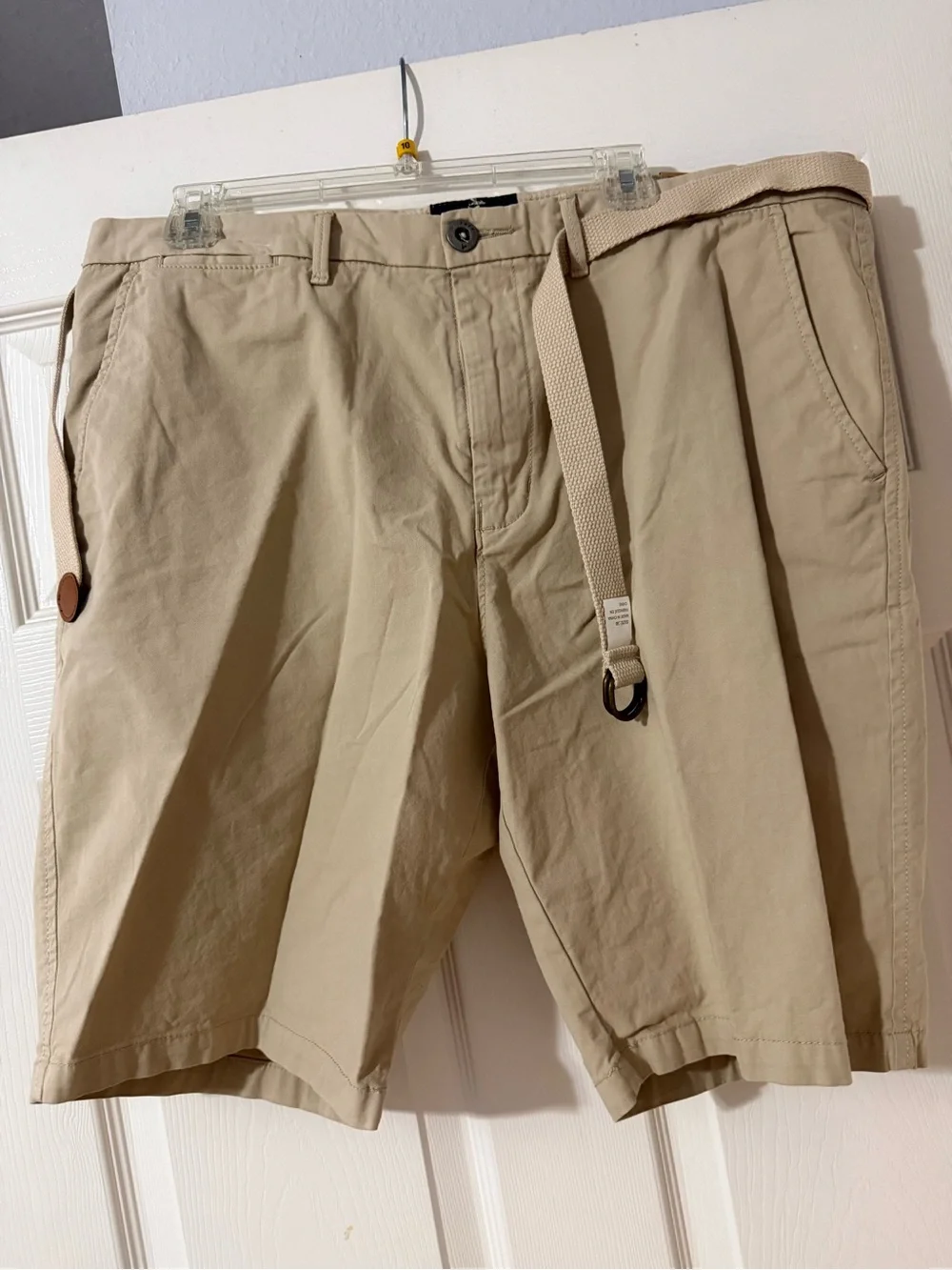 American Eagle Outfitters Men's Khaki Flat-Front Shorts with Webbing Belt